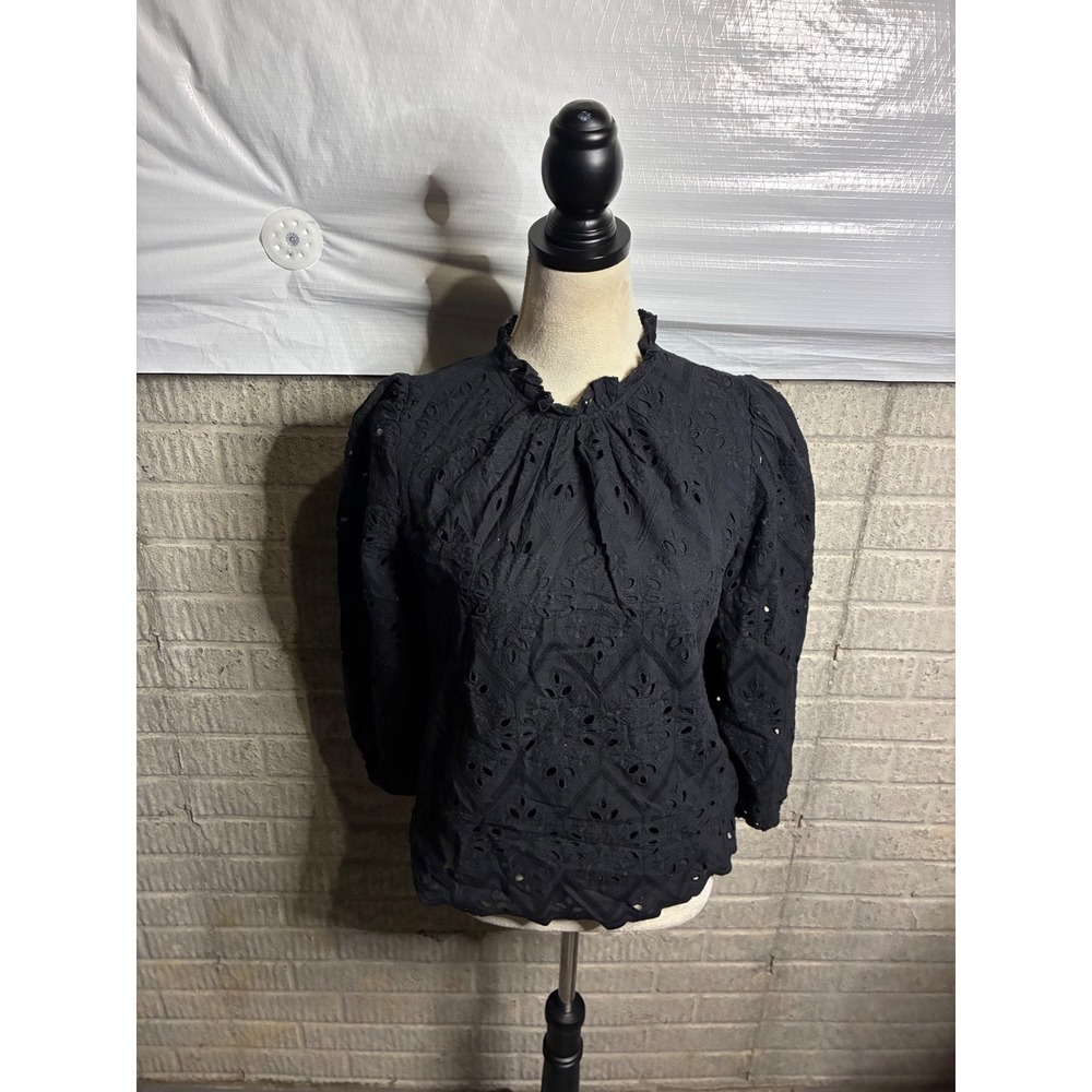 Pretty Garden Black Eyelet Ruffle Neck Puff Sleeve Blouse‎ Size Small